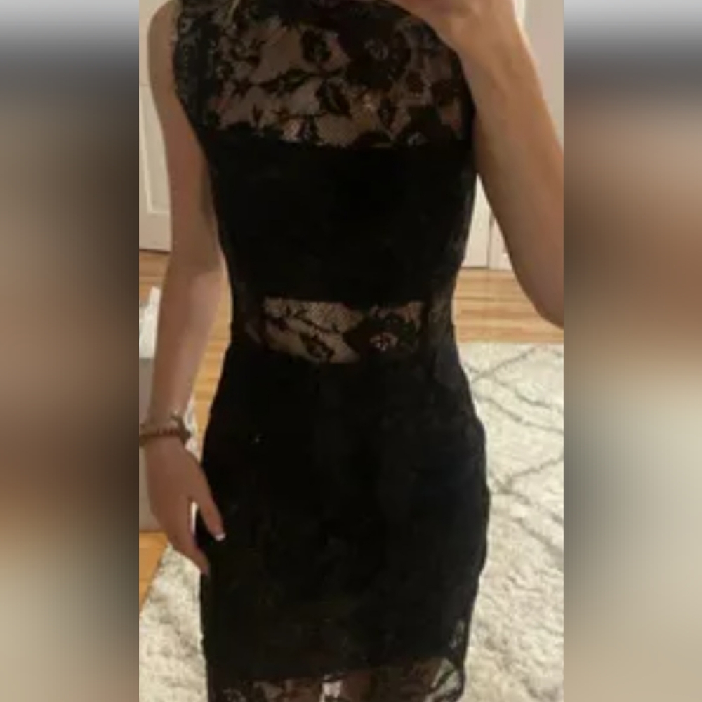 Venus Black lace bodycon dress  sz. 16 High neck lace .  Let the party begin!!